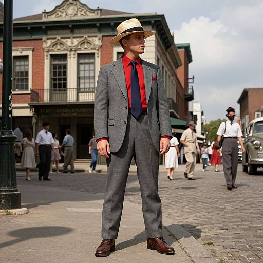 Photograph of a stylish man in a gray suit, red tie, and straw hat standing on a cobblestone street in front of a historic brick
