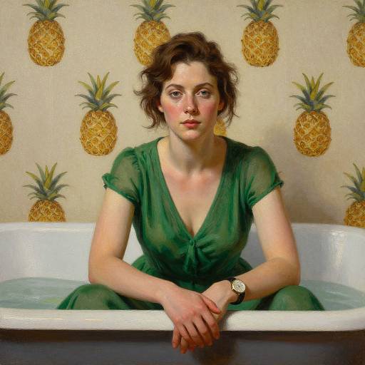 Photorealistic digital painting of a pale-skinned woman with wavy brown hair, wearing a green, deep V-neck dress, sitting in a white