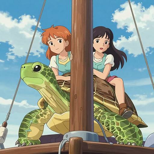 Anime-style drawing of two girls with orange and black hair, riding a green turtle on a swing set against a blue sky.