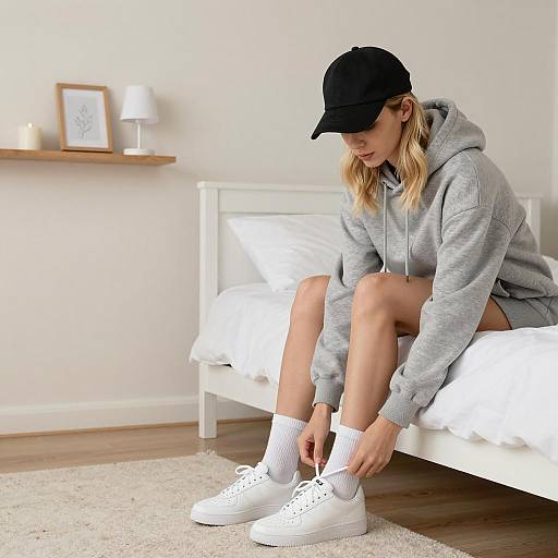Woman Tying Sneakers on Bed