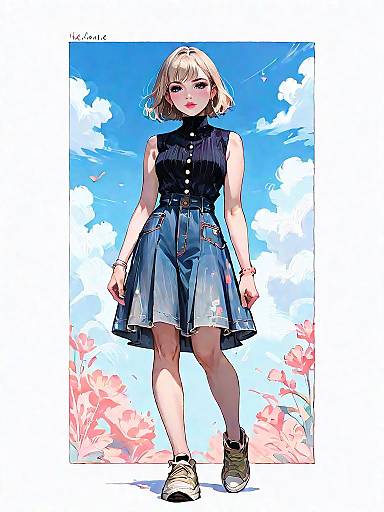 Woman in Navy Blue Denim Skater Dress