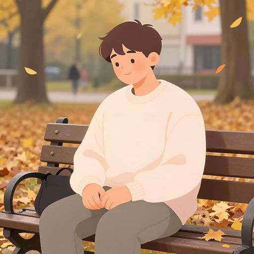 Digital illustration of a young man with short brown hair, wearing a white sweater and gray pants, sitting on a wooden bench in an autumn park, surrounded