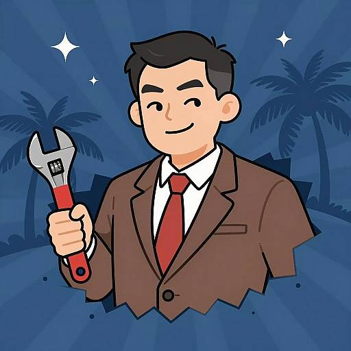 Cartoon Man with Wrench in Starry Night