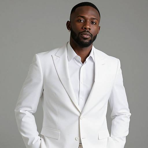 Photograph of a tall, muscular Black man with a short beard, wearing a crisp white suit and white shirt, standing against a plain gray background.