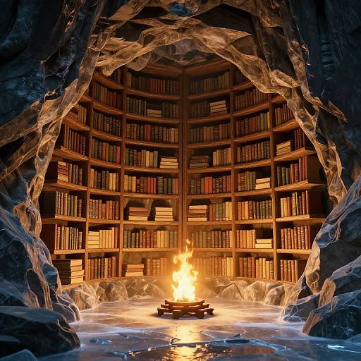 Photorealistic CGI: Cozy cave library with curved wooden bookshelves, warm fire, and ice formations, illuminated by fireplace glow.
