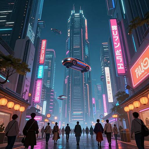 Digital art of a neon-lit, futuristic urban street scene with flying cars, brightly colored signs, and pedestrians walking under towering skyscrapers.