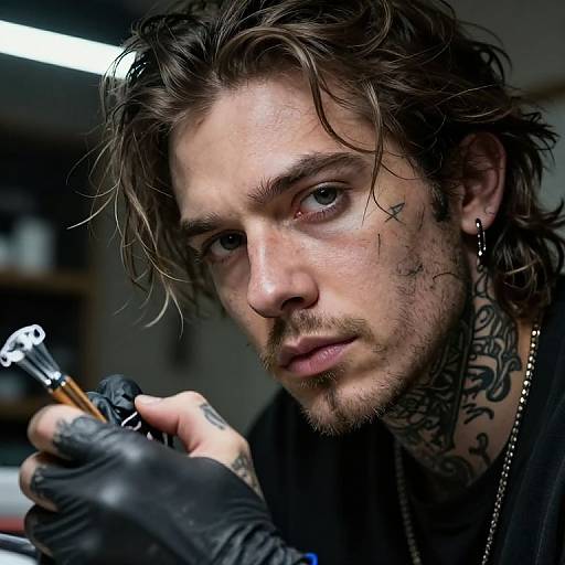 Photograph of a tattooed, brown-haired man with a scruffy beard, wearing black gloves, and piercing, intently tattooing a skull design