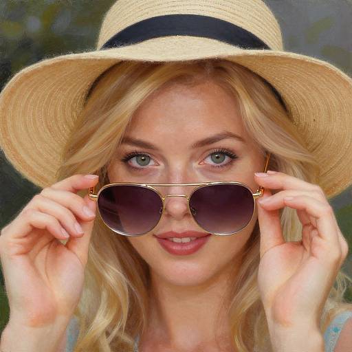 Photograph of a blonde woman with blue eyes, wearing a straw hat and gold aviator sunglasses, adjusting them with both hands.