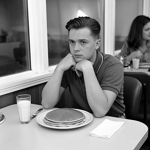 Black-and-white photograph of a contemplative man with short, dark hair, wearing a dark polo shirt, elbows on a table, hands under chin,