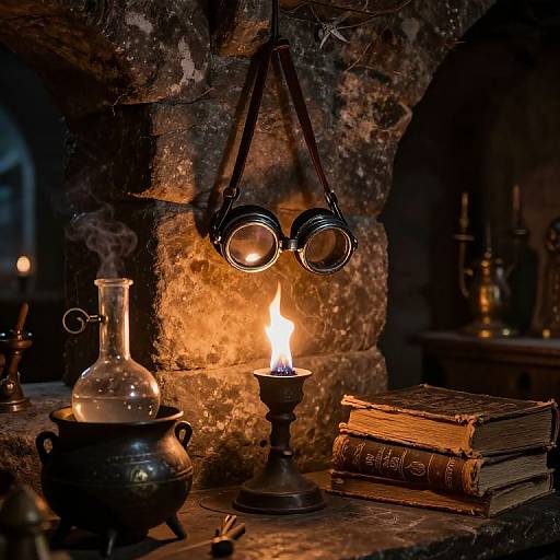 Photograph of a dimly lit, rustic stone room with a lit candle, vintage goggles hanging, glass alembic, metal kettle, stacked old