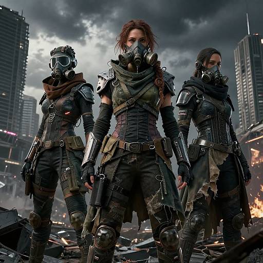 Photorealistic CGI: Three armored, gas-masked warriors with dark brown hair, standing amid rubble and urban destruction, in a stormy, city
