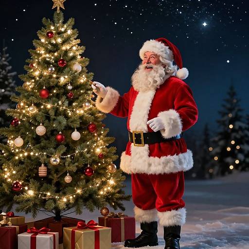 Santa Claus by Festive Christmas Tree