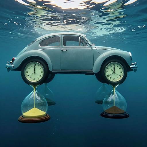 Photograph of a vintage silver car suspended underwater, supported by two hourglasses with black clock faces and white faces. Blue water background with sunlight reflections