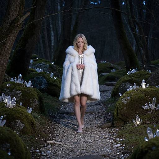 Photograph of a blonde woman in a white fur coat walking barefoot on a forest path illuminated by glowing crystals.