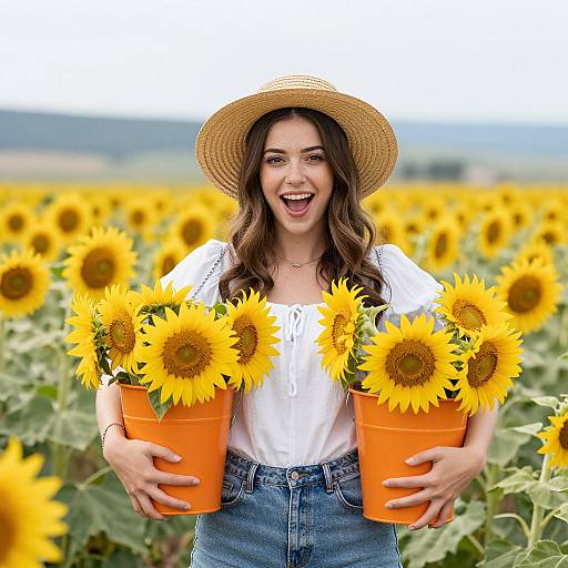 Young Woman in Sunflower Field