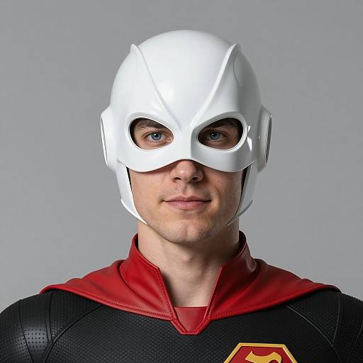 Male Superhero in White Helmet and Black-Red Suit