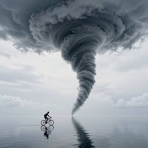 Photograph-like digital art: Silhouetted cyclist rides against massive, swirling cloud tornado over calm, reflective ocean, with intense light behind.