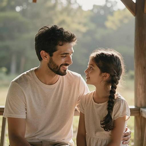 Photograph of a bearded man with dark hair and a white t-shirt, smiling at a young girl with a braid, wearing a light dress