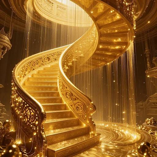 Golden spiral staircase illuminated by glowing lights, surrounded by cascading streams of light, in a luxurious, ornate setting. (Digital art)