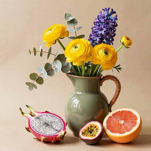 Matte Green Pitcher with Floral Still Life