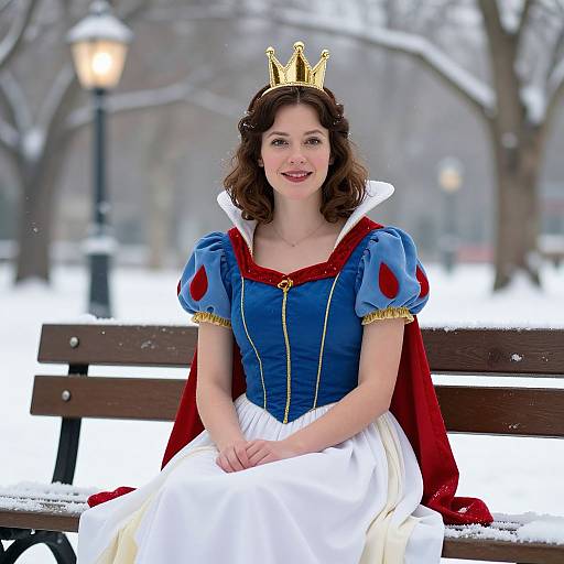 Photograph of a fair-skinned woman with brown curly hair, wearing a blue and white Snow White costume, red cape, gold crown, sitting on