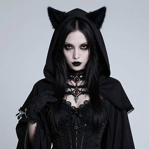 Photograph of a pale-skinned, black-haired woman with cat ears, black gothic dress, choker, and dark makeup, against a white