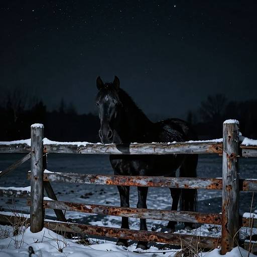 Photograph of a dark, snow-covered, black horse standing behind a rusty, wooden fence at night, with a starry, dark blue sky in