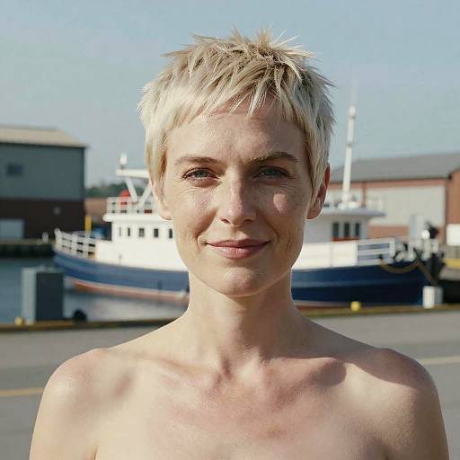 Photograph of a fair-skinned, blonde, short-haired, smiling woman with small breasts, topless, standing in front of a blurred dock with
