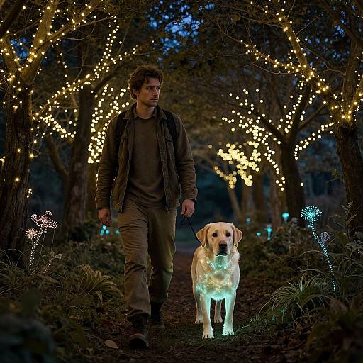 Photograph of a man in a brown jacket and dark pants walking a glowing yellow Labrador through a dark forest adorned with fairy lights.