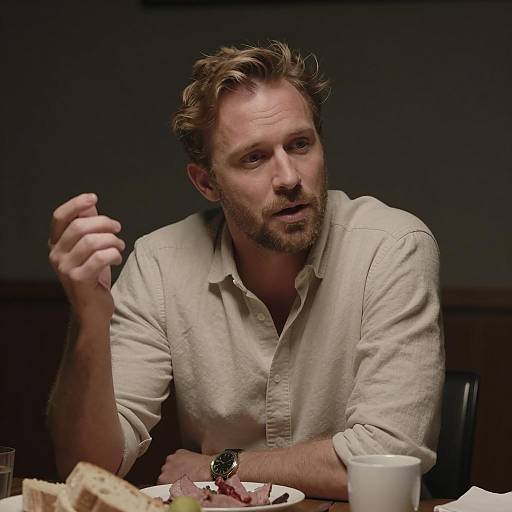 Intimate Dining Scene with Mid-Sentence Man