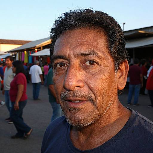 Photograph of middle-aged, dark-haired, olive-skinned man with a short beard and mustache, wearing a dark shirt, in a bustling outdoor