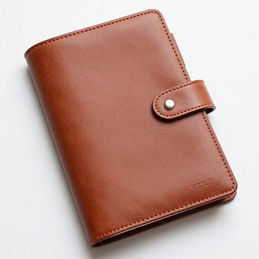 Photograph of a brown leather wallet with a silver button snap and visible stitching, positioned diagonally on a white background.