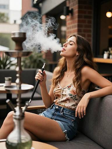 Relaxed Woman Smoking Shisha on Terrace