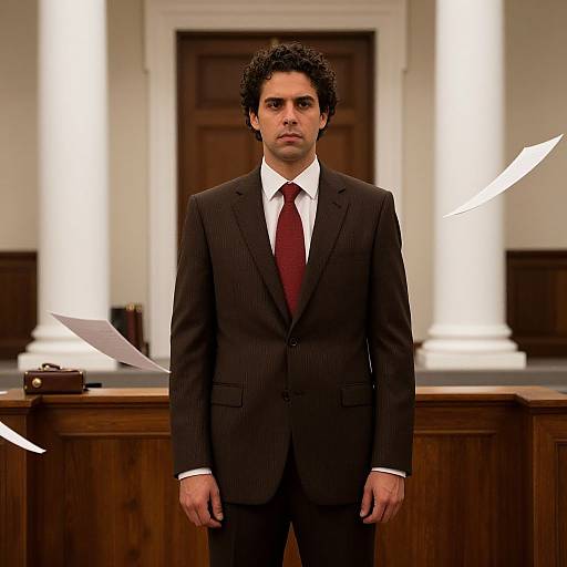 Photograph of a serious, dark-haired man in a black pinstripe suit and red tie standing in a courtroom, papers flying around him.