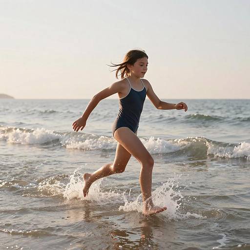 Photograph of a young woman in a navy swimsuit running through shallow ocean waves at sunset, splashing water around her.