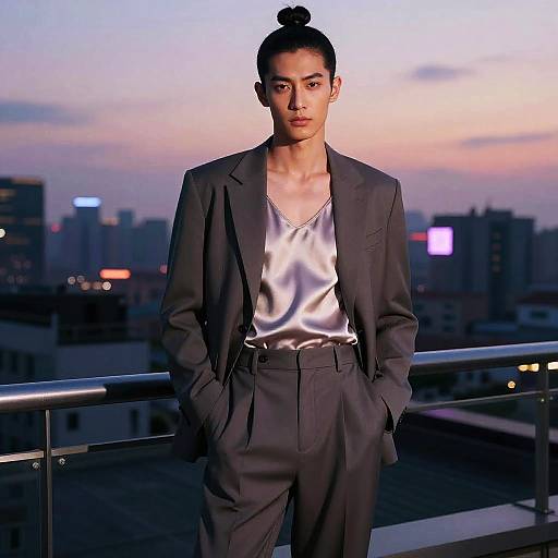 Man with Half Knot Hairstyle in Fashion Blazer on Rooftop