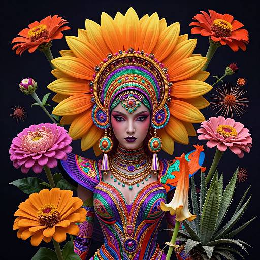 Digital art of a woman with vibrant, sunflower-like headpiece, colorful patterned dress, surrounded by bright flowers against a black background.