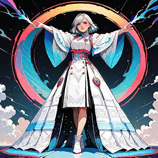 Digital anime-style artwork of a silver-haired woman in a white kimono with red accents, standing with arms outstretched, surrounded by neon circles and
