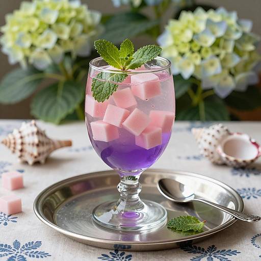 Layered Purple Drink with Pink Cubes and Mint