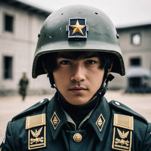 Young Soldier in Military Uniform with Helmet