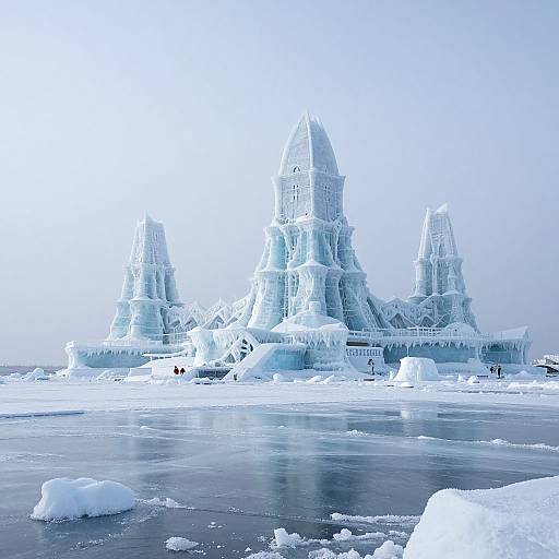Photograph of an elaborate, ice castle with towering, spire-like structures, surrounded by a frozen, icy landscape with scattered icebergs.