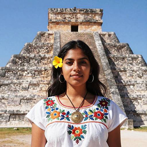 Photograph of a young woman with dark hair, yellow flower in hair, wearing a white embroidered blouse, standing in front of a large, ancient May