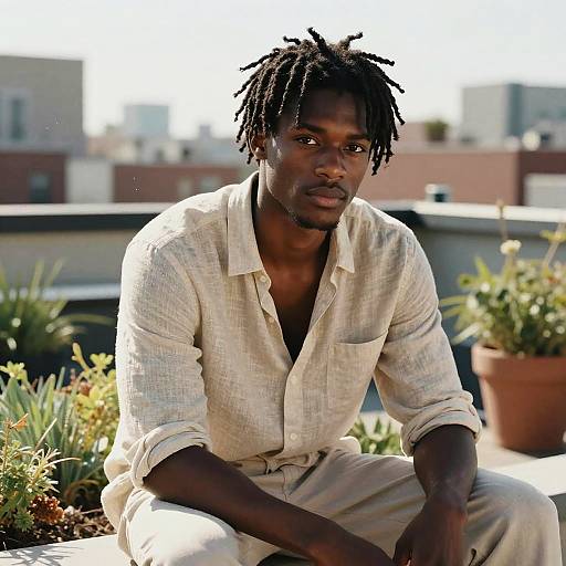 Photograph of a serious-looking, dark-skinned Black man with dreadlocks, wearing a white, slightly unbuttoned shirt and beige pants, sitting