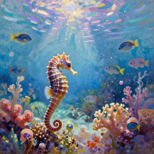 Vibrant underwater painting: colorful fish swim around a detailed orange and white seahorse amidst a lively coral reef, bathed in sunlight filtering from