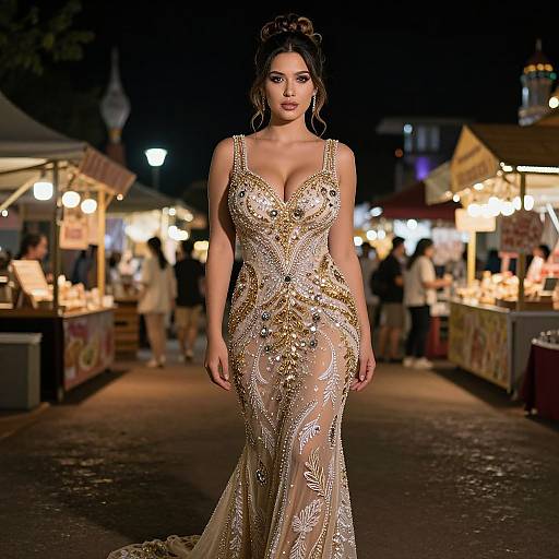 Photograph of a curvy woman with dark hair in a luxurious, sheer, gold-embellished gown, walking on a dimly lit,