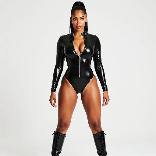 Photograph of a confident, dark-skinned woman with long, straight black hair, wearing a black, zip-front, glossy latex bodysuit and