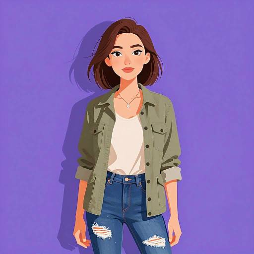 Casual woman in olive jacket and ripped jeans