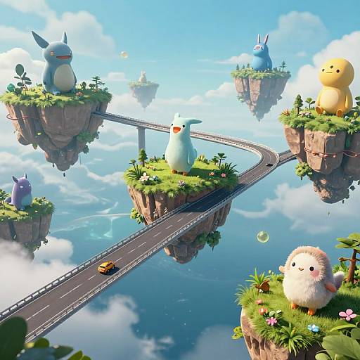 Whimsical CGI scene: colorful, giant, fluffy Pokémon on floating islands, connected by a winding road with a small car, under a bright blue