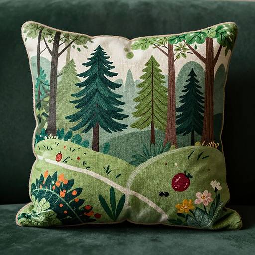 Photograph of a decorative, square, green fabric pillow featuring a forest scene with tall trees, colorful flowers, and a winding path.