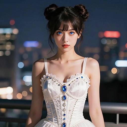 Digital illustration of a young Asian woman with blue eyes, black double buns hairstyle, wearing a white lace corset with blue gems, against a nighttime